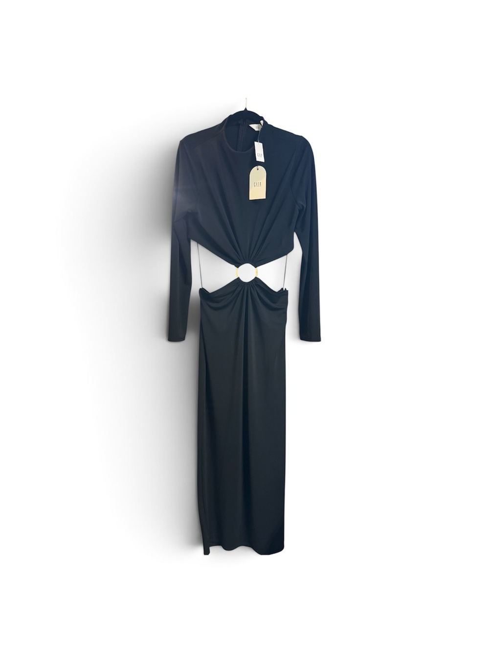 NWT Cult GAIA Women's Black Long Sleeve Cut-Out Ring Accent Maxi Dress Size L